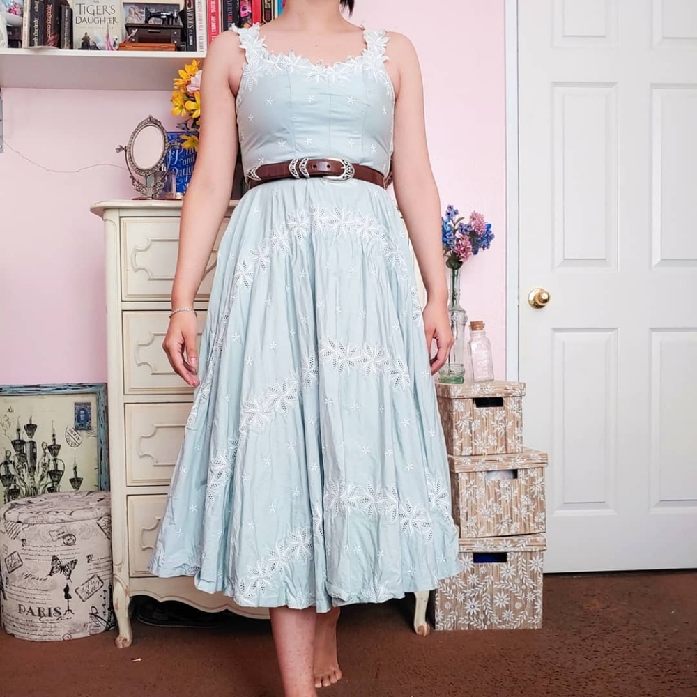 Vintage 50s Seafoam Floral Midi Tea Dress